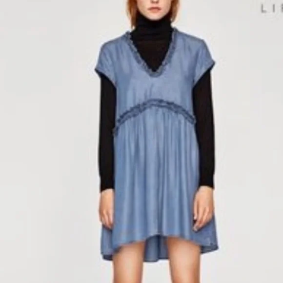 Zara | Dresses | Zara Basic Denim Chambray Frill Mini Dress Small | Poshmark